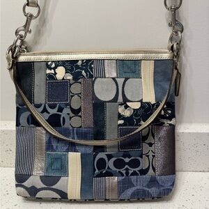 Coach Denim Patchwork Crossbody Purse Bag Y2K Hobo Metallic Silver